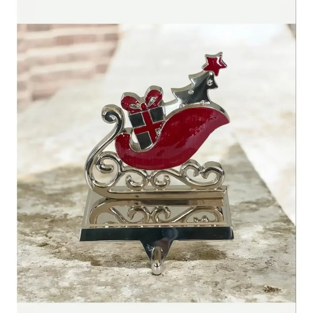 Silver Tone Chrome Stocking Hanger Holder Enamel Accent Christmas